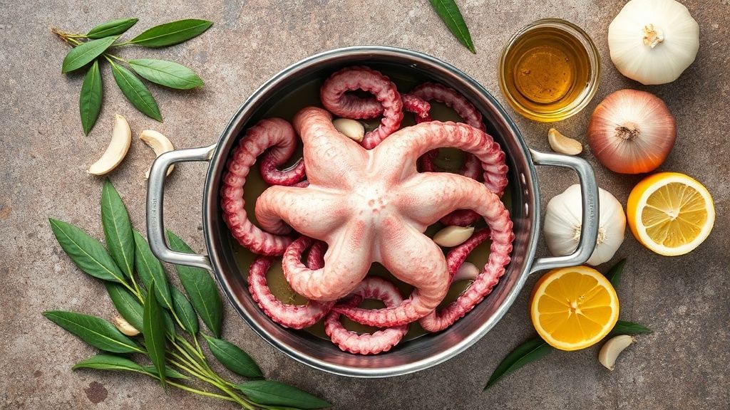 Visão de cima com o polvo e temperos dispostos sobre bancada de cozinha