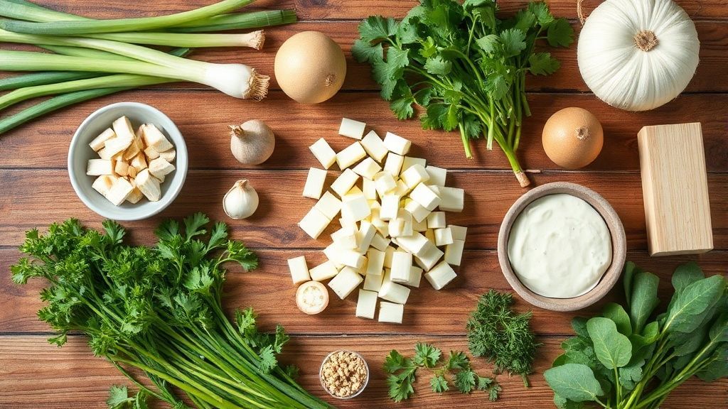 Visão de cima com o alho-poró, azeite, sal e pimenta organizados sobre bancada de madeira.