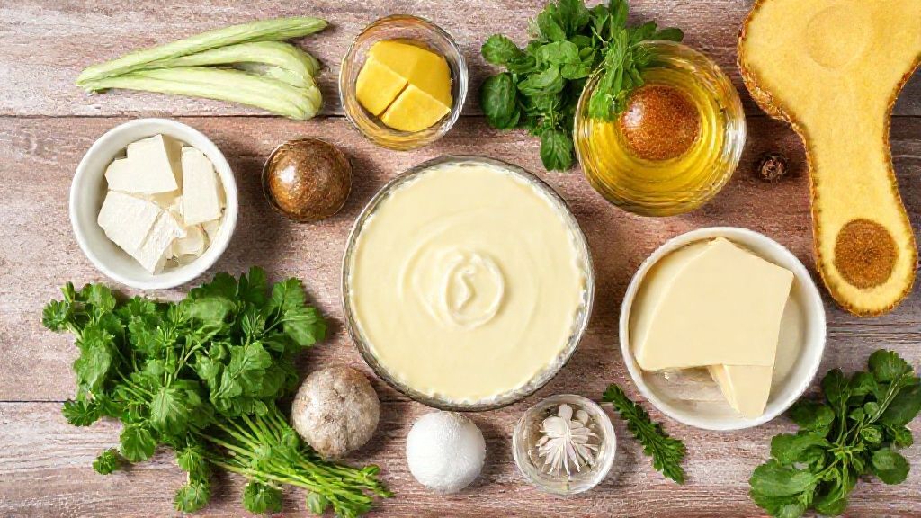 Ingredientes separados sobre uma bancada — abacaxi, ovos, leite, leite condensado e açúcar organizados em potes