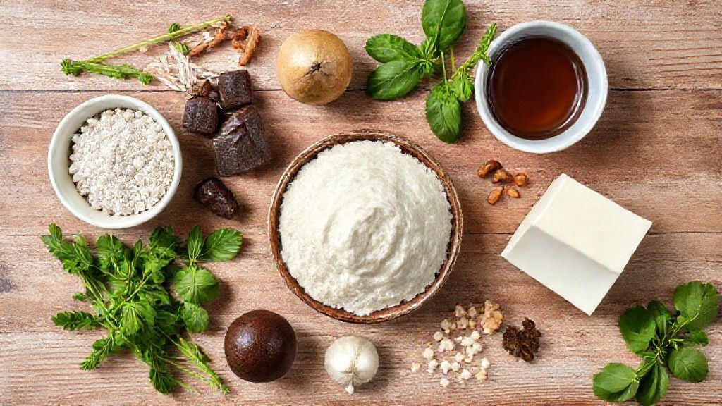 Visão de cima com os ingredientes do pudim de brigadeiro dispostos sobre bancada de mármore clara