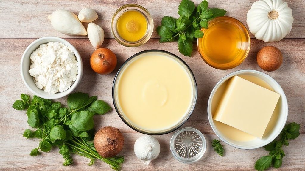 Visão de cima com os ingredientes do pudim de doce de leite organizados na bancada