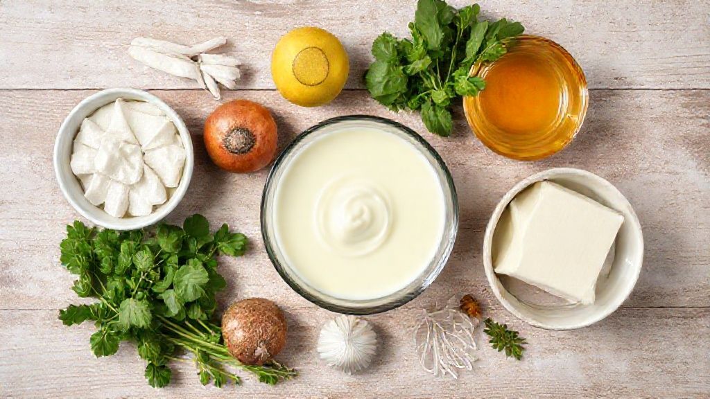 Ingredientes dispostos sobre superfície clara com leite condensado, gelatina, leite e açúcar