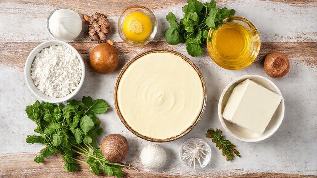 Ingredientes como leite em pó, ovos e açúcar organizados em uma bancada de mármore vista de cima