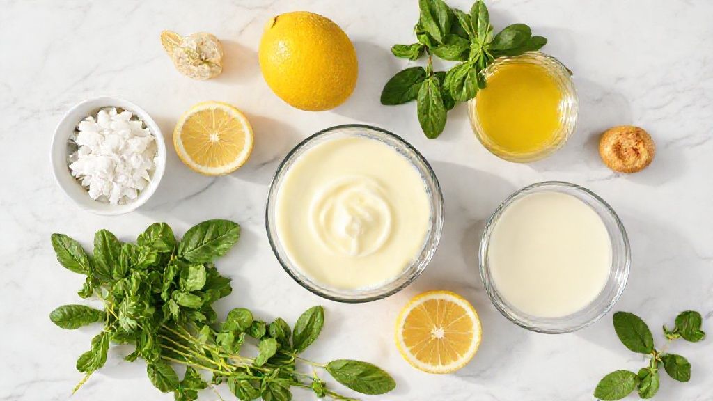 Visão de cima com leite condensado, creme de leite, limões, gelatina e água organizados em bancada de mármore