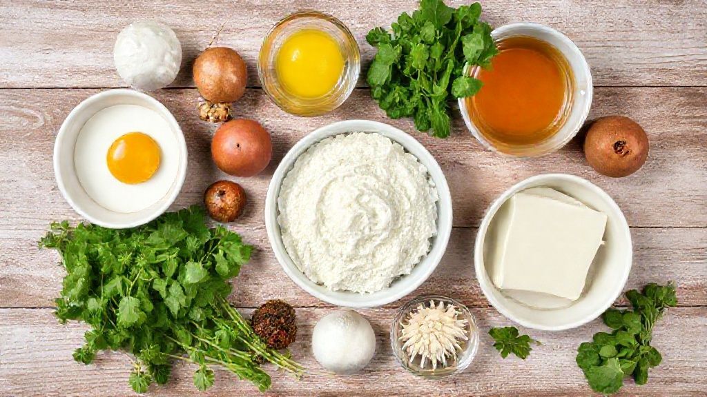 Visão de cima com os ingredientes do pudim organizados em uma bancada de madeira.