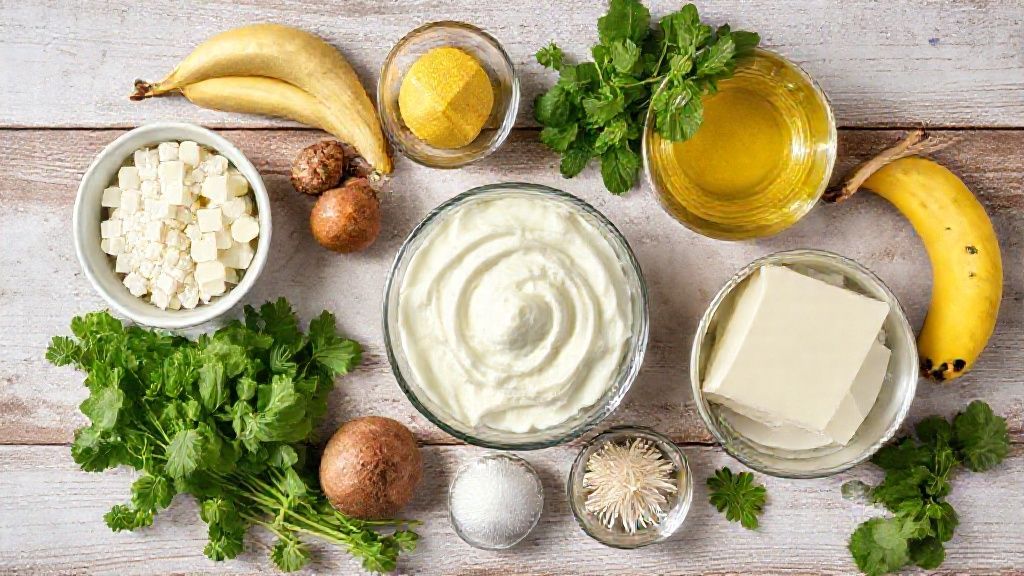 Visão de cima com bananas maduras, ovos, leite e açúcar demerara organizados em tábua de madeira