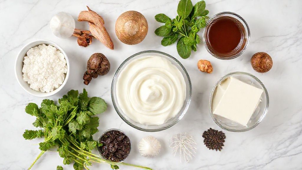 Visão de cima mostrando os ingredientes do pudim prestígio de geladeira dispostos em bancada de mármore clara