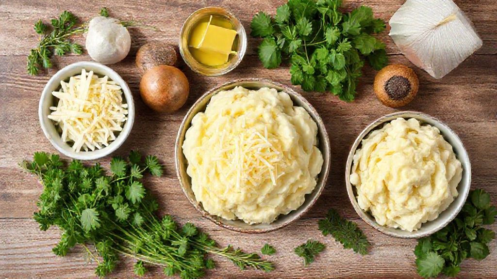 Visão de cima com batatas, queijos, manteiga, leite e requeijão organizados em uma bancada rústica