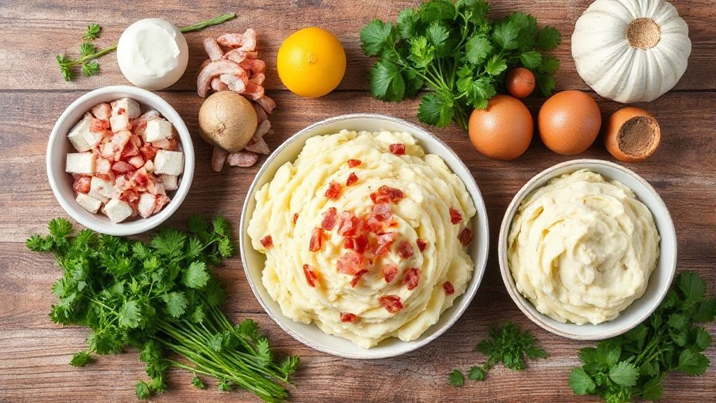 Visão de cima com batatas, bacon, queijo parmesão, leite, manteiga e temperos dispostos sobre bancada de madeira