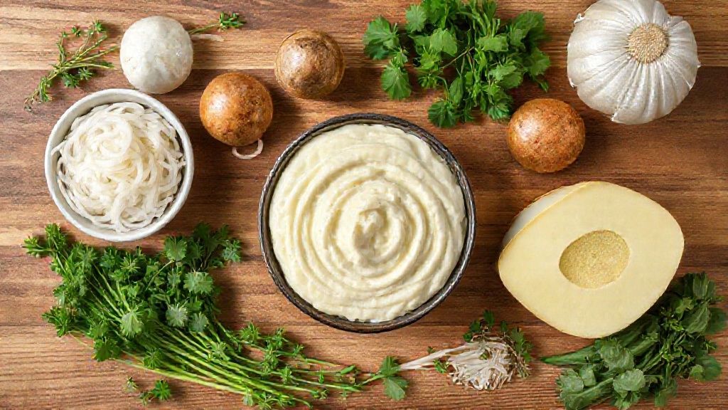 Ingredientes da receita organizados sobre uma bancada, com mandioquinha, leite, manteiga e cebolas em destaque