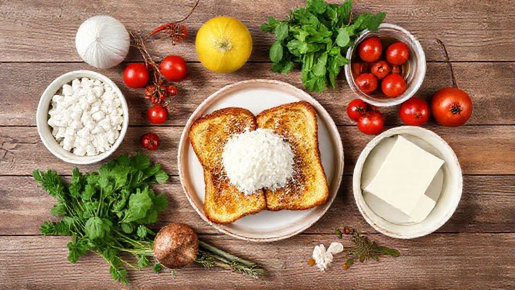 Visão de cima com pães, ovos, leite, açúcar e canela organizados sobre bancada rústica