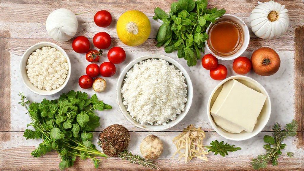 Visão de cima com pão, leite, ovos, açúcar e canela organizados sobre uma bancada