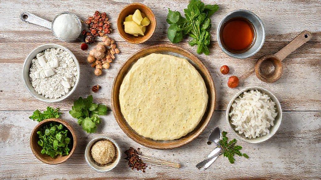 Visão superior mostrando pastel frito, air fryer, papel-toalha, assadeira e utensílios organizados.