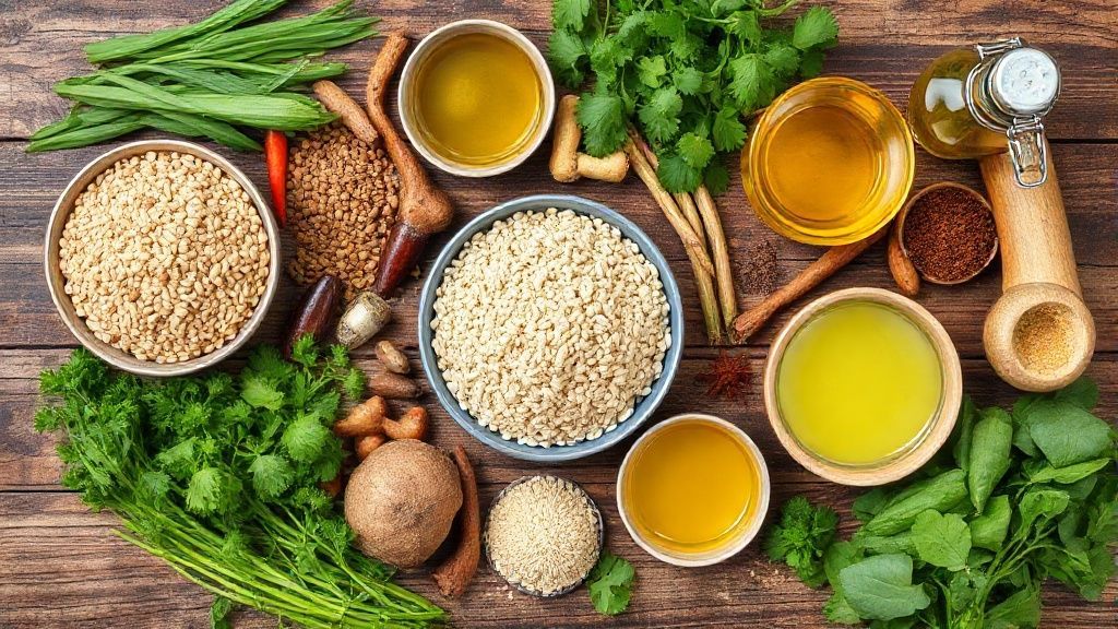 Visão de cima com arroz, legumes, carne, dendê, e especiarias dispostos em bancada de madeira.