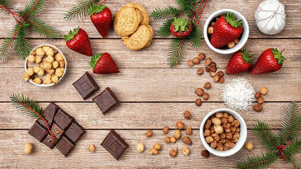 Vista superior com ingredientes para panetone trufado, rabanadas e pavê organizados em bancada com utensílios natalinos