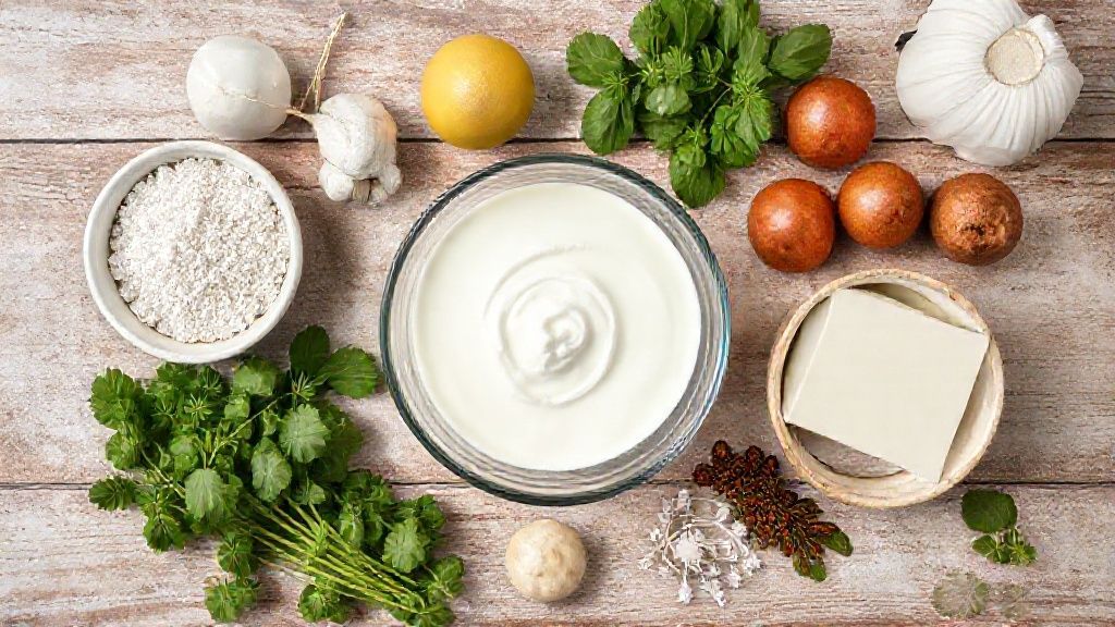 Ingredientes do recheio organizados sobre bancada de mármore, vistos de cima