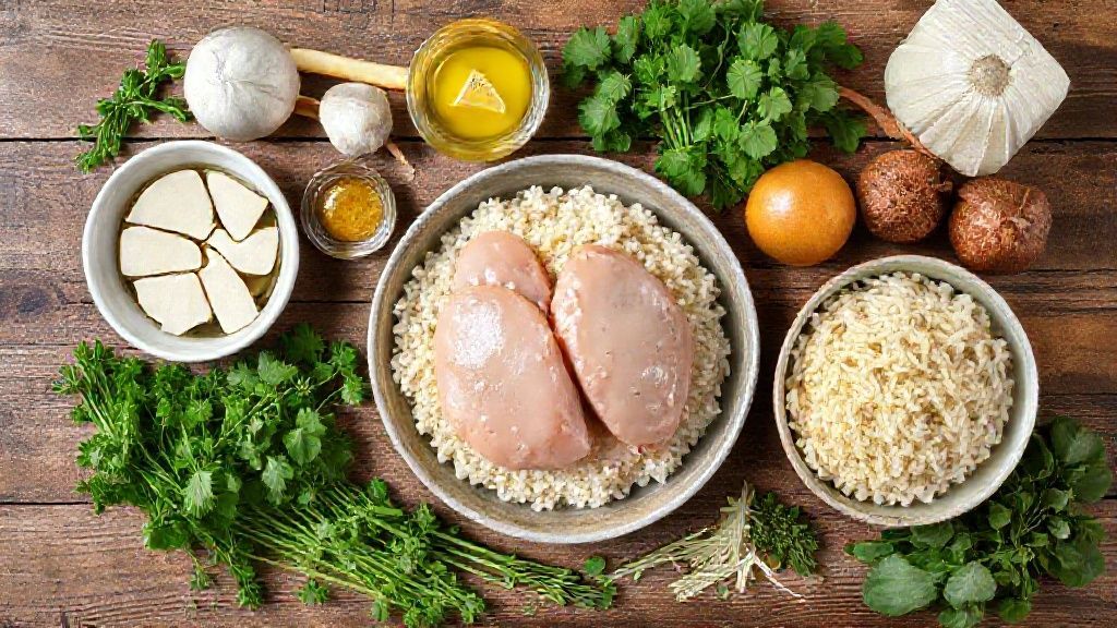 Visão de cima com os ingredientes do risoto organizados em uma bancada de madeira — arroz arbório, frango, açafrão, queijo parmesão e temperos