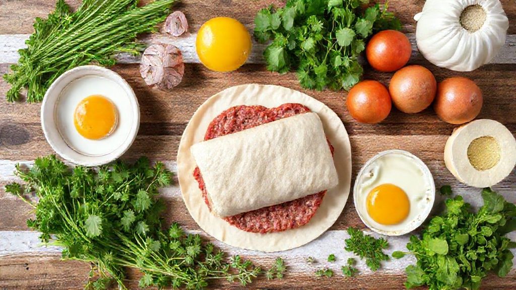 Ingredientes frescos dispostos em bancada: carne moída, ovos, queijo, presunto e temperos.