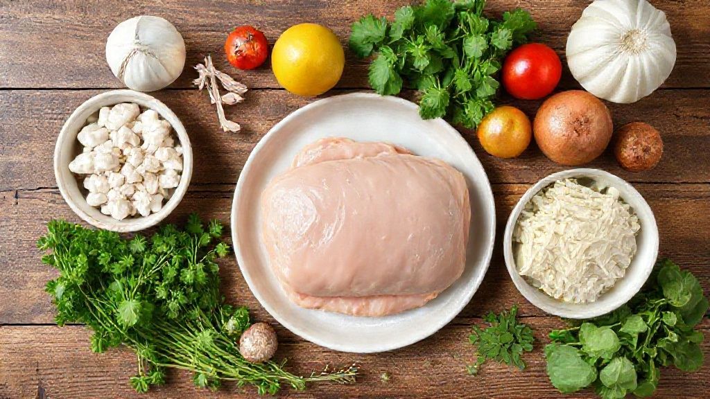 Ingredientes organizados em bancada de madeira: rocambole congelado, temperos, azeite e papel-alumínio