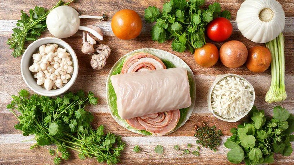 Visão de cima com os ingredientes do rocambole de frango recheado organizados em bancada de madeira