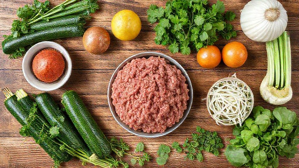 Ingredientes frescos organizados em bancada: abobrinhas, carne moída, tomates e temperos