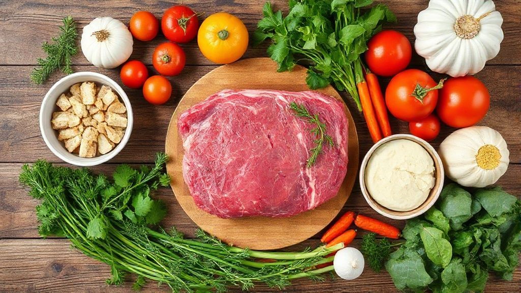 Visão de cima com os ingredientes frescos organizados — legumes coloridos, carne e ervas em uma bancada de madeira.