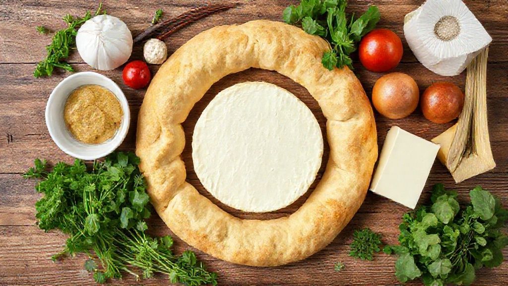 Visão de cima com os ingredientes da rosca de pão de queijo organizados em uma bancada.