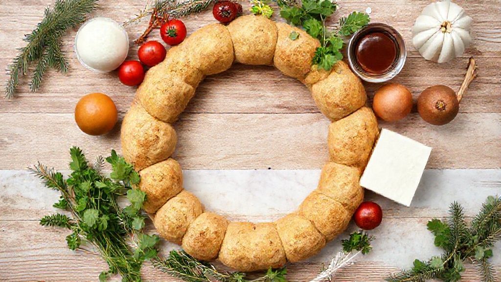 Visão de cima com os ingredientes da rosca de Natal organizados em uma bancada de madeira