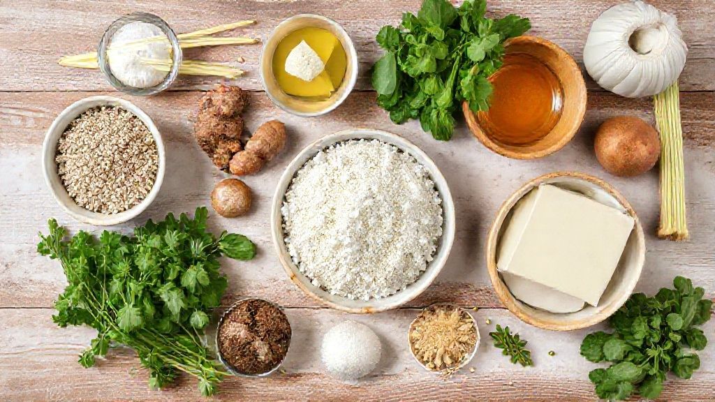 Visão de cima com ovos, farinha, açúcar, manteiga e coco organizados em uma bancada de madeira