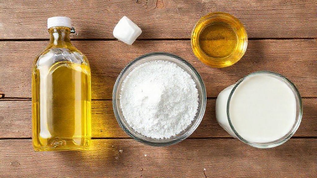 Vista de cima mostrando óleo usado, leite e soda cáustica em uma bancada de madeira, com utensílios de preparo