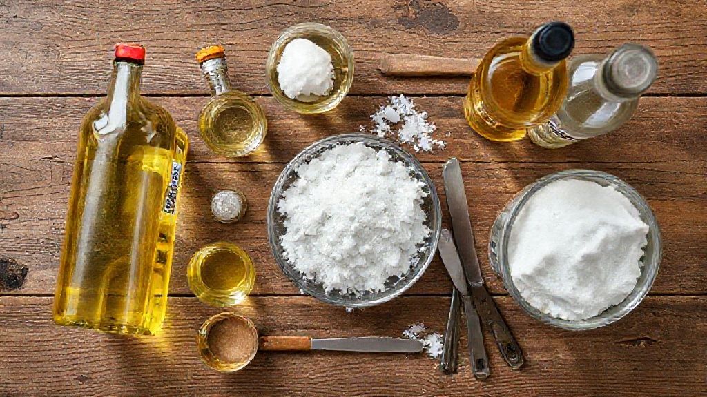 Visão de cima mostrando óleo usado, soda cáustica, álcool e utensílios organizados para preparar sabão