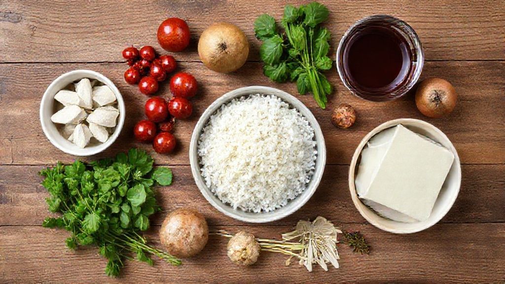 Ingredientes do sagu com vinho tinto dispostos em uma bancada de madeira: vinho, sagu, canela, cravo e açúcar