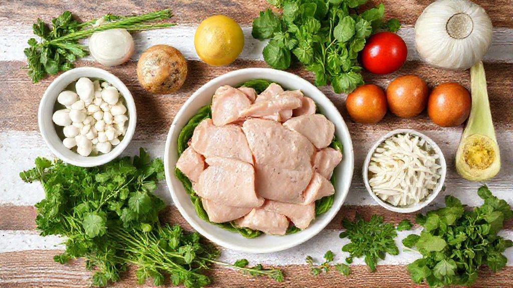 Visão de cima dos ingredientes organizados para preparar a salada com frango simples