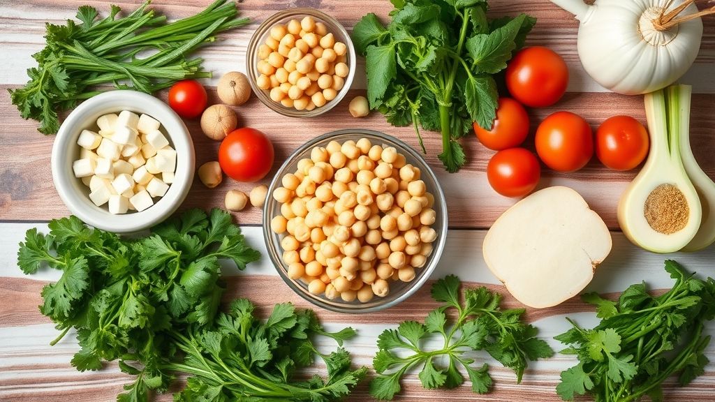 Visão de cima dos ingredientes frescos para a salada organizados em uma bancada rústica