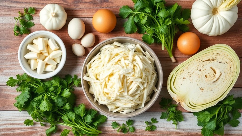 Ingredientes frescos como repolho verde e roxo, cenoura, maionese e iogurte organizados sobre bancada de madeira