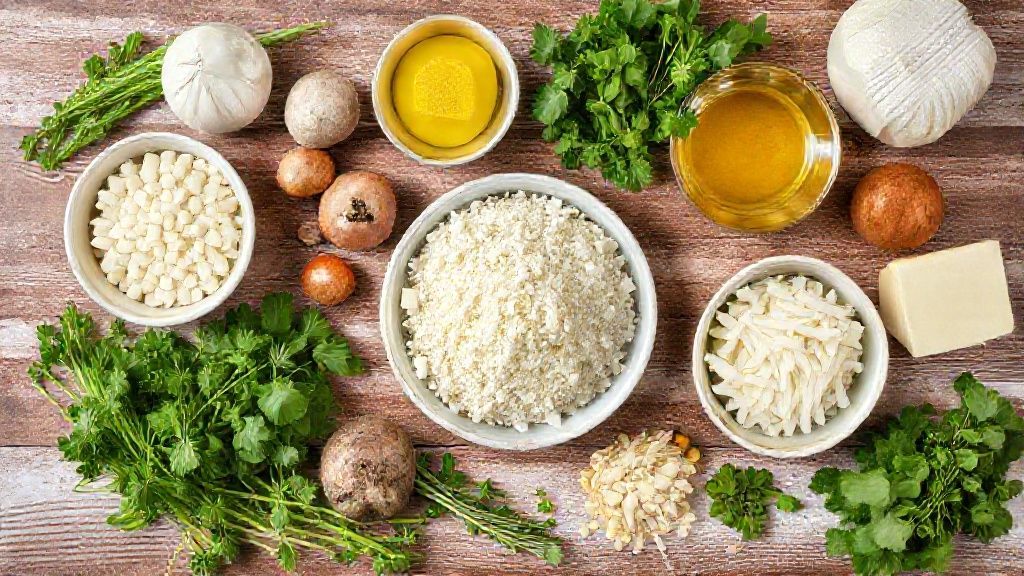 Visão de cima com os ingredientes da receita organizados em uma bancada