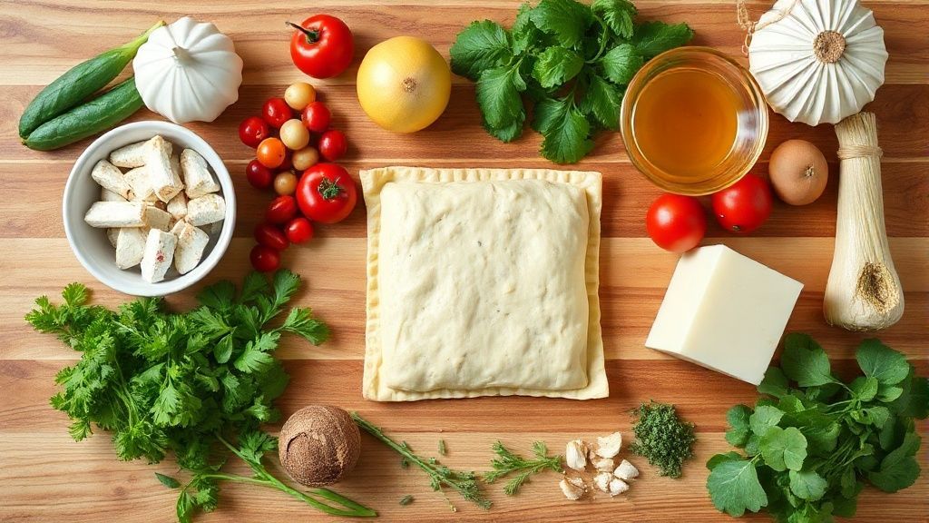 Visão de cima mostrando farinha, ovos, leite, frango, requeijão e temperos organizados em bancada.