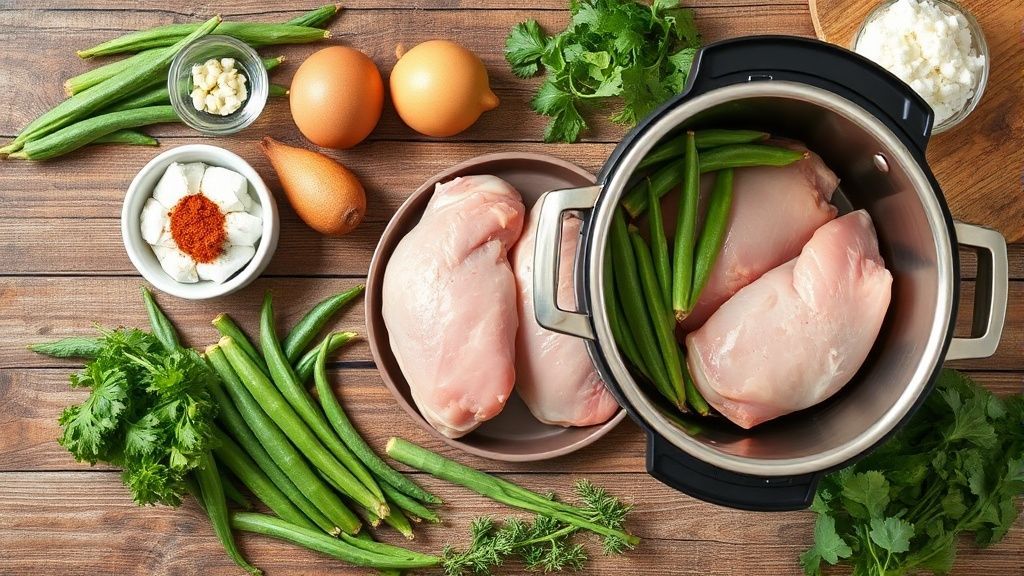 Ingredientes organizados em bancada de madeira: sobrecoxas, quiabo, tomate, cebola, limão e temperos.