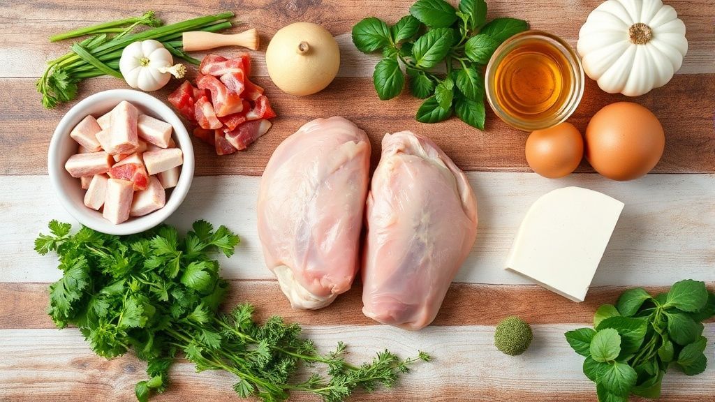 Ingredientes da receita dispostos sobre uma bancada: frango, bacon, queijo, temperos e limão
