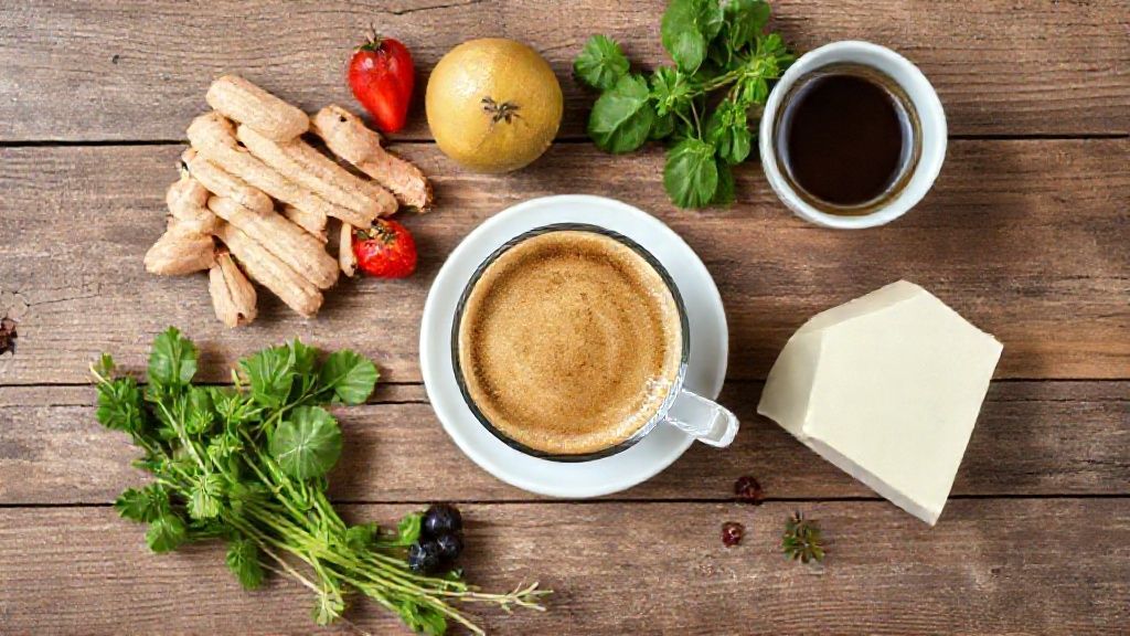 Visão de cima dos ingredientes: biscoito champagne, leite condensado, cream cheese, café e chocolate sobre bancada rústica.