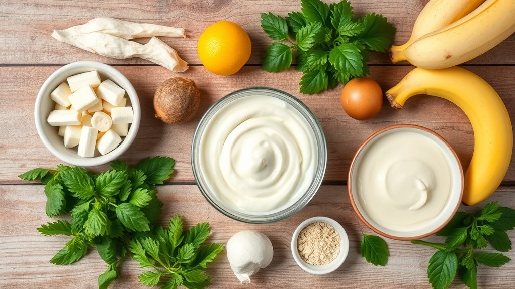 Visão de cima com os ingredientes da sobremesa — bananas, creme de leite, leite condensado, leite em pó e chocolate em pó — dispostos em uma bancada