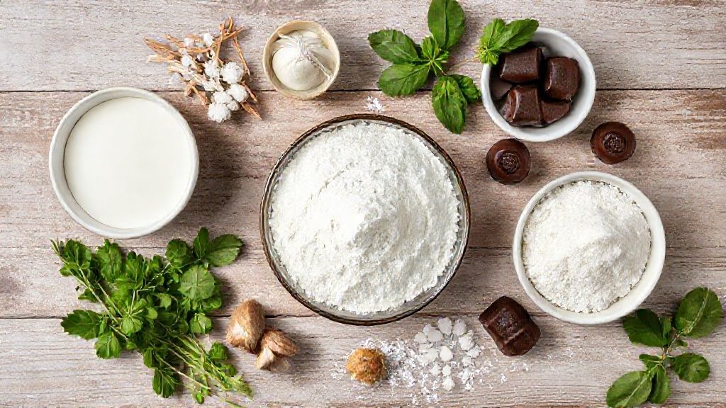 Visão de cima com os ingredientes da sobremesa organizados em uma bancada