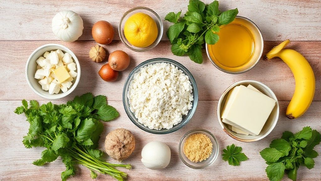 Visão de cima com os ingredientes como banana, biscoito, doce de leite e chantilly organizados sobre a bancada