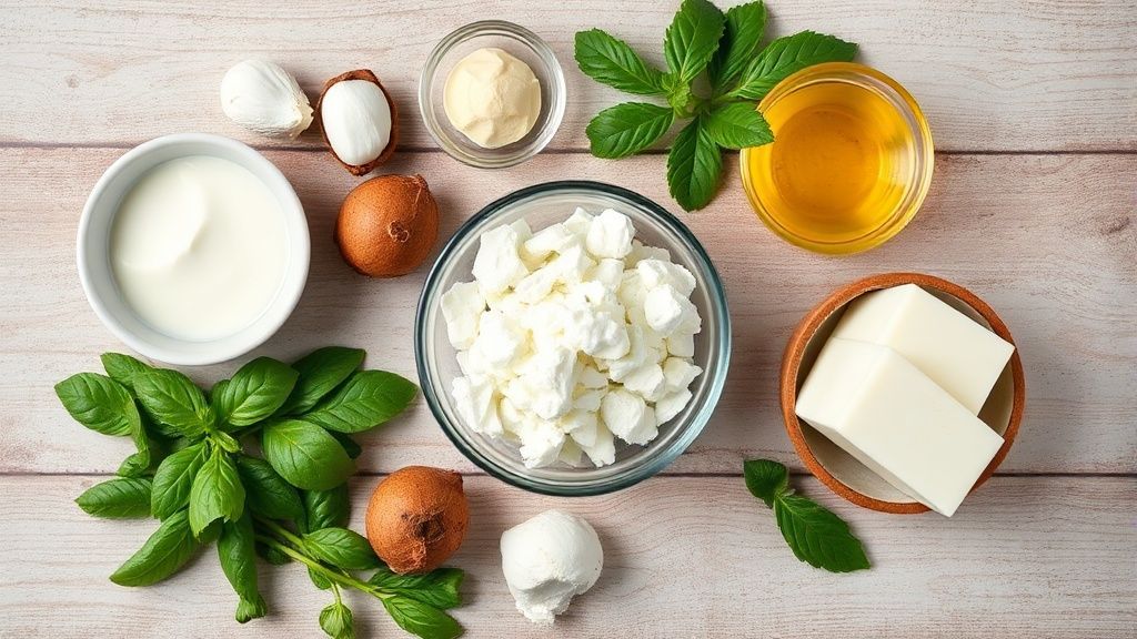 Ingredientes da sobremesa sem fogo dispostos em uma bancada de cozinha, vistos de cima