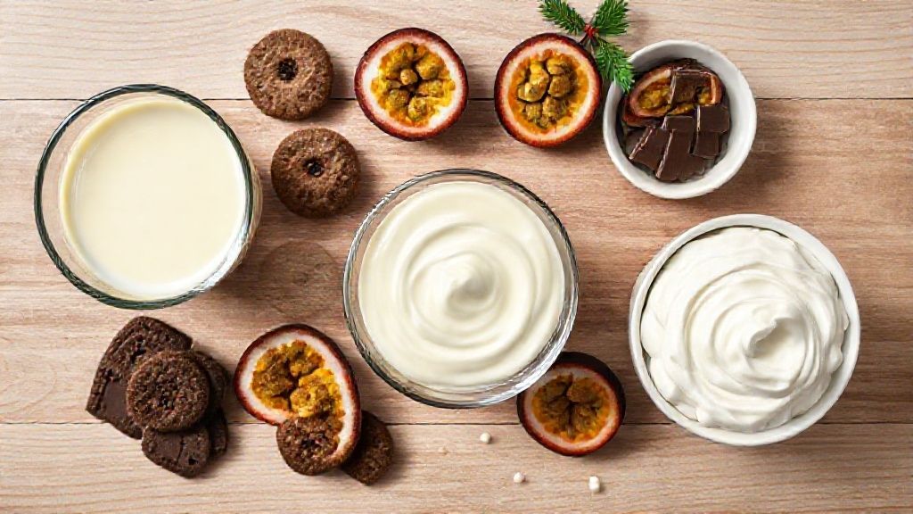 Ingredientes variados como leite condensado, biscoitos, frutas e chocolate dispostos em bancada rústica