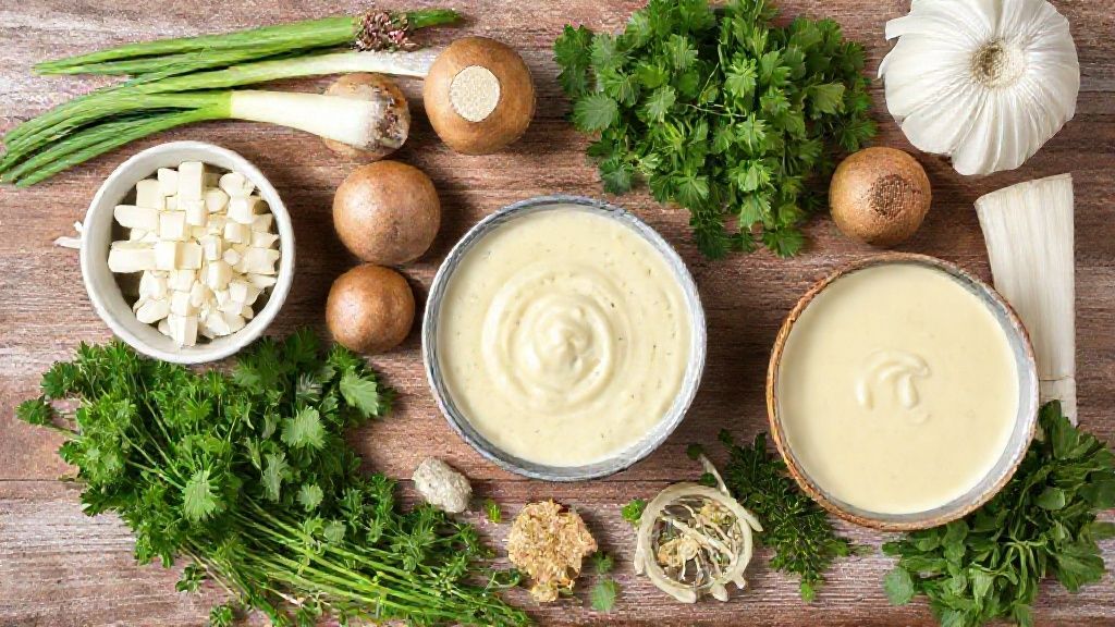 Visão de cima com batatas, alho-poró, cebola, manteiga e caldo de legumes organizados em uma bancada.