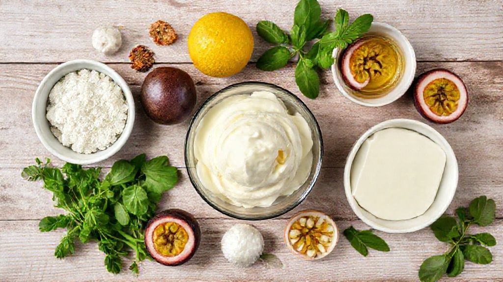 Visão de cima mostrando gelatina, leite condensado, creme de leite e maracujás frescos organizados em bancada de cozinha