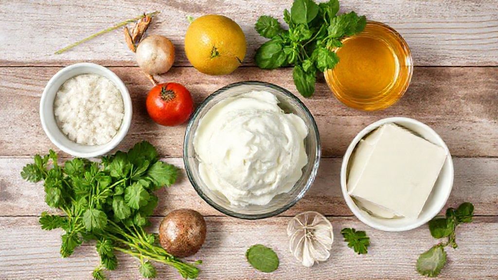 Visão de cima mostrando leite condensado e creme de leite fresco em potes organizados sobre bancada de mármore.