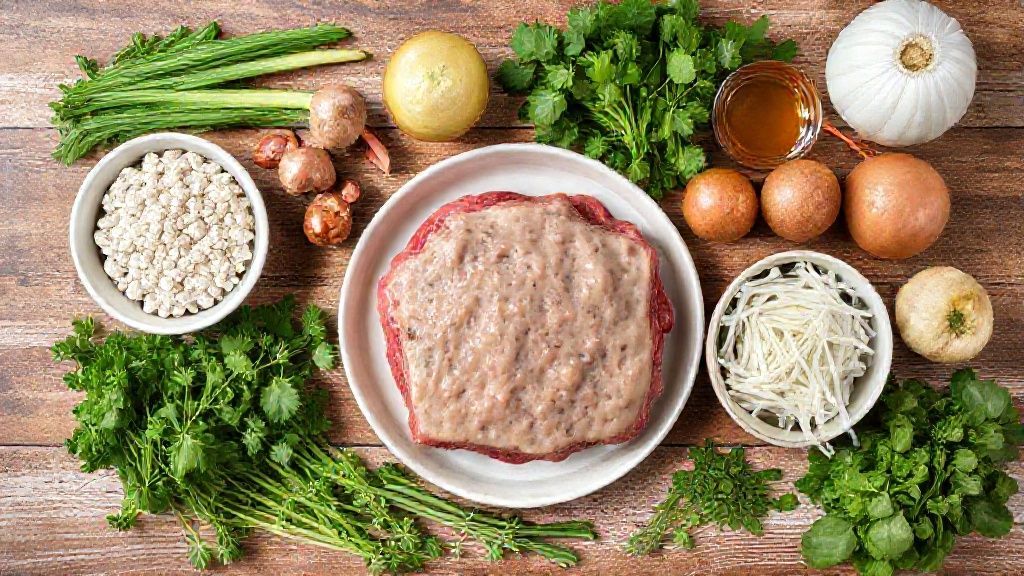 Visão de cima com os ingredientes do strogonoff de carne organizados em uma bancada