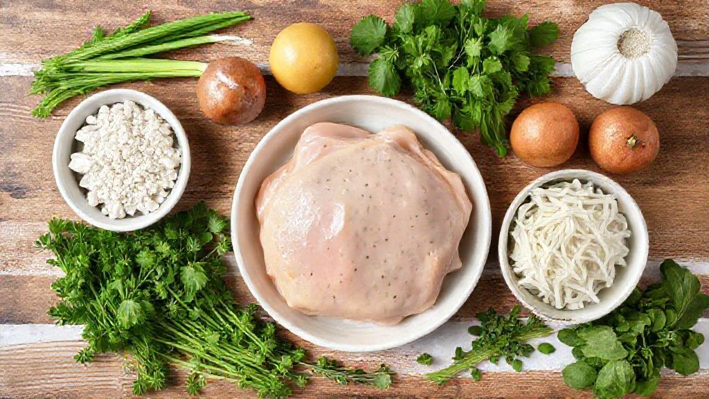 Visão de cima com os ingredientes frescos para o strogonoff organizados em uma bancada de cozinha
